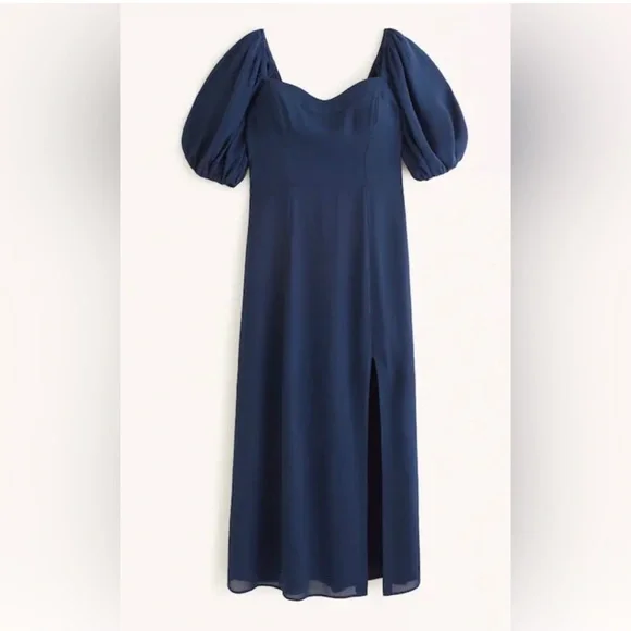Abercrombie & Fitch Navy Blue Camille Sheer Puff Sleeve MIDI Dress- S - Picture 5 of 10